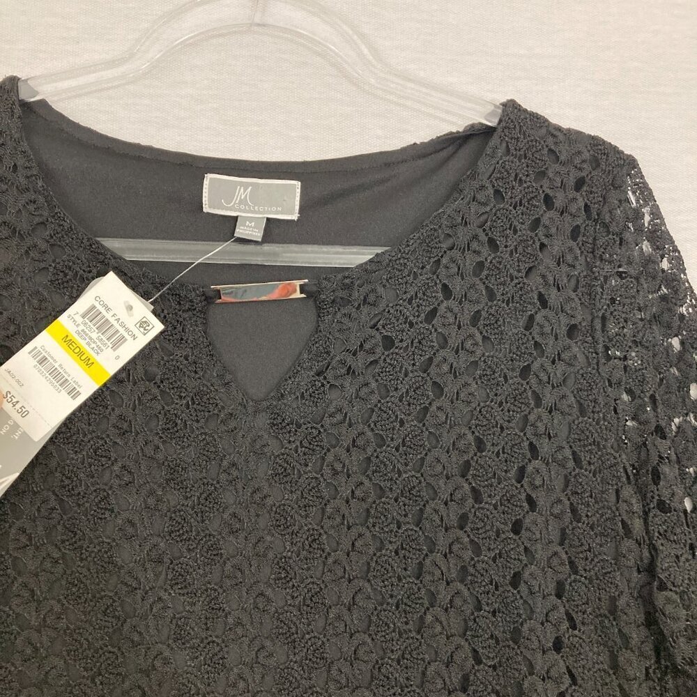 New JM Collection Black Lace Crew Neck Stretch 3/4 Sleeve Pullover Blouse Medium - Picture 4 of 11